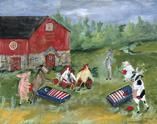 Roey Ebert REAR459 - REAR459 - Barnyard Cornhole Tournament - 16x12 farm animals playing cornhole, humorous barnyard scene, red barn, pig, goat, rooster, sheep, cow, donkey, country game night, americana bean bag toss boards, whimsical animal painting, rustic farm humor, green pasture, folk style farm art, playful rural illustration from Penny Lane