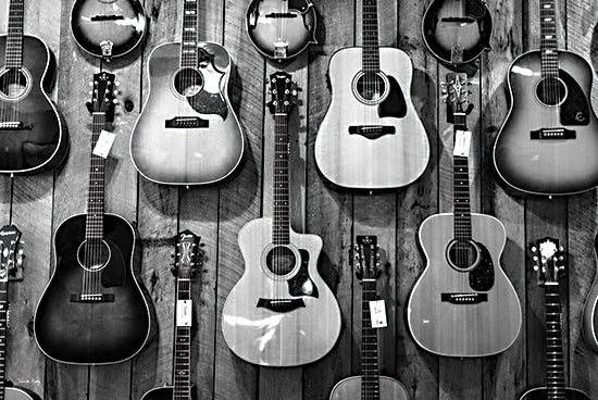Jennifer Rigsby RIG256 - RIG256 - Guitar Heaven II - 18x12 Guitar shop, acoustic guitars hanging, instrument display, black and white, musical atmosphere from Penny Lane