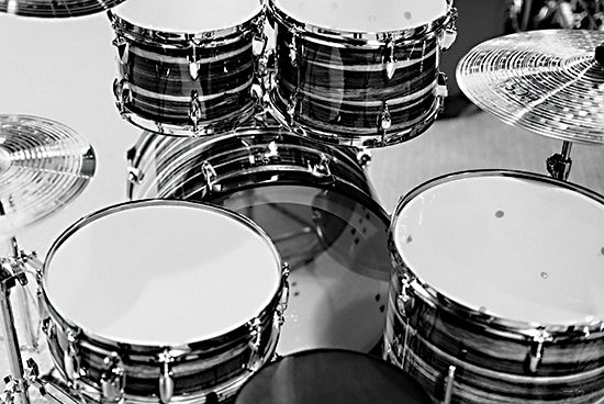 Jennifer Rigsby RIG257 - RIG257 - Keep the Beat I - 18x12 Drum set, black and white, percussion, musical instruments, rhythm, drum kit, cymbals from Penny Lane