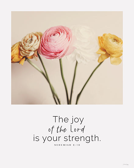 Jennifer Rigsby RIG285 - RIG285 - Joy of the Lord - 12x16 Ranunculus bouquet, pastel background, scripture quote, Nehemiah 8:10, joy theme, floral still life, Christian art from Penny Lane