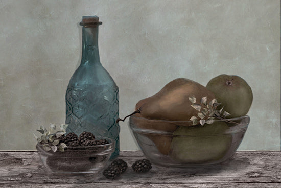 Robin-Lee Viera RLV720 - RLV720 - Hidden Beauty - 18x12 Still life with fruit, pears and blackberries, glass bottle, rustic setting, painterly art from Penny Lane