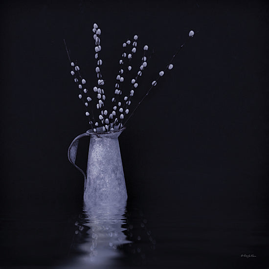 Robin-Lee Viera RLV739 - RLV739 - Quenched - 12x12 pussy willow branches, vintage tin pitcher, reflective water surface, minimalist composition, rustic charm, monochrome blue tone, farmhouse style, high contrast from Penny Lane