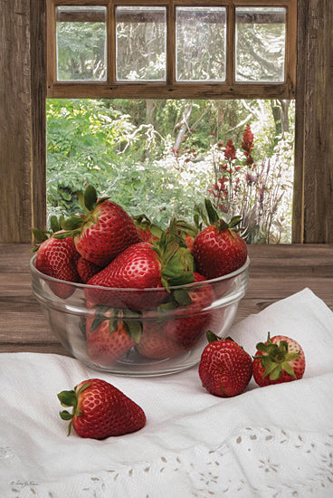 Robin-Lee Vieira RLV741 - RLV741 - Summer Sweet - 12x18 strawberries, fresh fruit, glass bowl, rustic window, farmhouse kitchen, still life photography, red berries, white linen cloth, wooden table, cottage decor, natural light, garden view, country style, summer harvest, food styling, fruit on table from Penny Lane