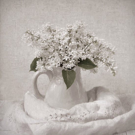 Robin-Lee Vieira RLV748 - RLV748 - Lilac Simplicity I - 12x12 white lilacs, ceramic pitcher, soft fabric, rustic still life, minimalistic decor, floral bouquet, green leaves, textured background, spring aesthetic from Penny Lane