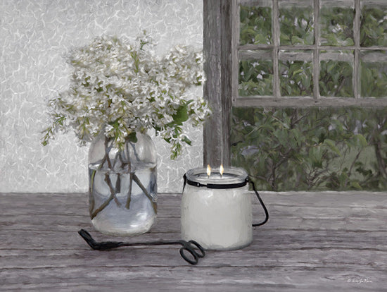 Robin-Lee Vieira RLV750 - RLV750 - Ready to Unwind - 16x12 white lilacs, mason jar, candle, wick trimmer, vintage window, greenery outdoors, cozy spring morning, rustic wood table from Penny Lane
