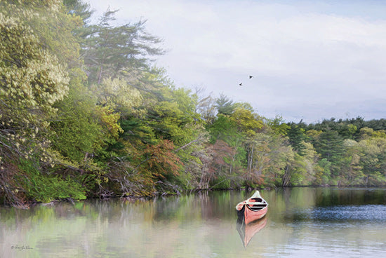 Robin-Lee Vieira RLV755 - RLV755 - Weekend Canoe - 18x12 red canoe on lake, reflective water, spring forest, scenic boat, peaceful nature art, serene landscape, birds flying, calm waterway from Penny Lane