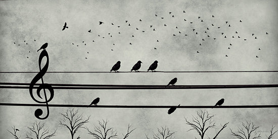 Robin-Lee Vieira RLV757 - RLV757 - Song Before Sunset - 18x9 birds on wires, musical notes, treble clef, surreal art, whimsical birds, creative composition, musical metaphor, silhouetted birds from Penny Lane