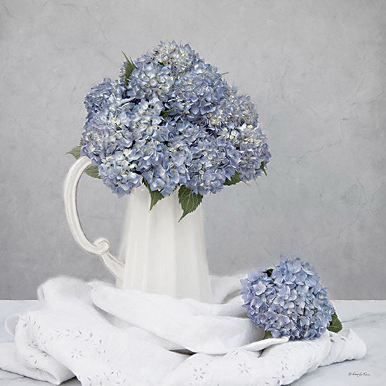 Robin-Lee Viera RLV780 - RLV780 - Blooming Pitcher - 12x12 blue hydrangeas, ceramic pitcher, white linen, indoor floral decor, vintage floral arrangement, rustic elegance, hydrangea bouquet from Penny Lane