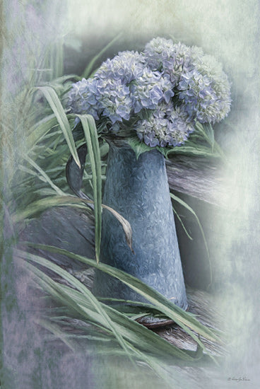 Robin-Lee Viera RLV781 - RLV781 - Weathering - 12x18 hydrangeas in blue vase, garden scene, painterly flowers, rustic floral decor, leaves and petals, outdoor table setting from Penny Lane