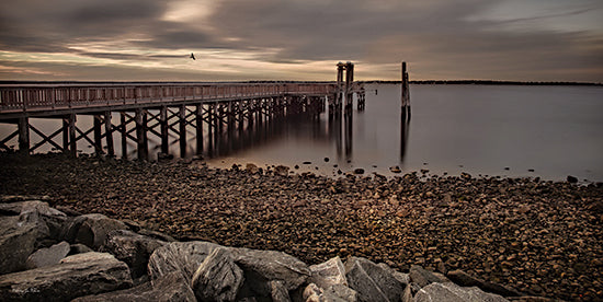 Robin-Lee Viera RLV812 - RLV812 - Last Light - 18x9 dock at sunset, pier over water, rocky shoreline, serene water, cloudy sky, moody sunset, tranquil coastal scene, bird in flight from Penny Lane