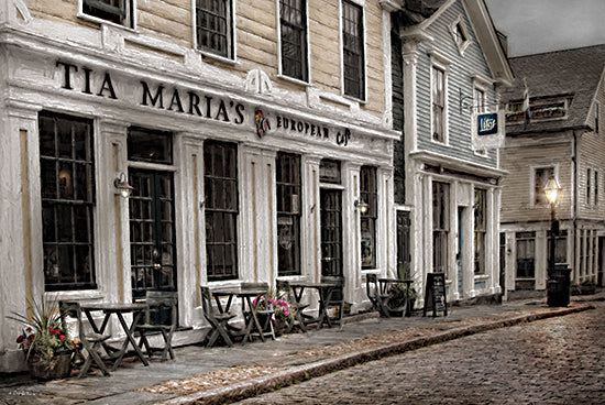 Robin-Lee Viera RLV822 - RLV822 - Tia Maria's - 18x12 cobblestone street, European café, outdoor seating, vintage storefront, lantern, flowers, moody lighting, small town, travel photography from Penny Lane