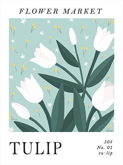 Rachel Nieman RN591 - RN591 - Tulip Poster - 12x16 tulip illustration, floral print, graphic flowers, minimalist, green background, spring theme, white tulips from Penny Lane