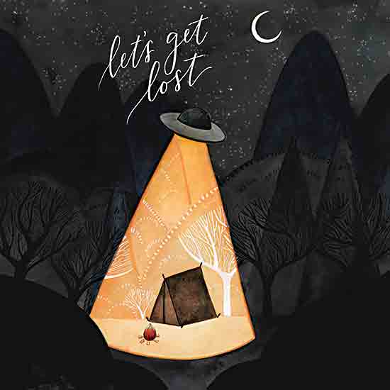 Rachel Nieman RN624 - RN624 - Let's Get Lost - 12x12 ufo, alien encounter, night forest, tent camping, moonlight, stars, campfire, illustrated sky, whimsical art, adventure theme from Penny Lane