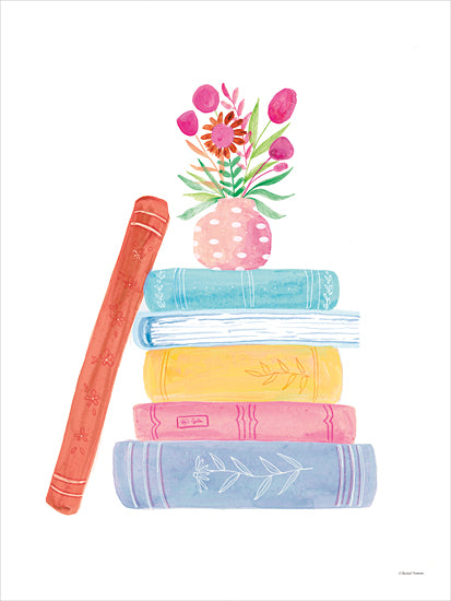 Rachel Nieman RN662 - RN662 - I Love Books   - 12x16 stack of colorful books, pink vase with flowers, whimsical floral decor, pastel palette, watercolor style, hand-painted, art print, children's illustration, cozy reading, book lover, cheerful interior from Penny Lane