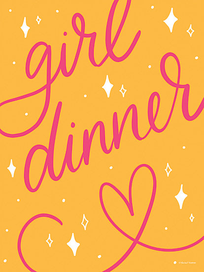 Rachel Nieman RN670 - RN670 - Girl Dinner - 12x16 bright typography, playful script, orange background, pink text, sparkling stars, feminine aesthetic, modern lettering from Penny Lane