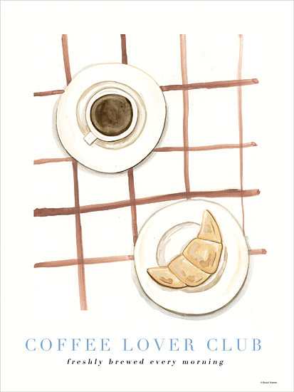 Rachel Nieman RN673 - RN673 - Coffee Lover Club - 12x16 coffee and croissant, top view breakfast, checkered tablecloth, watercolor illustration, soft colors, morning routine from Penny Lane