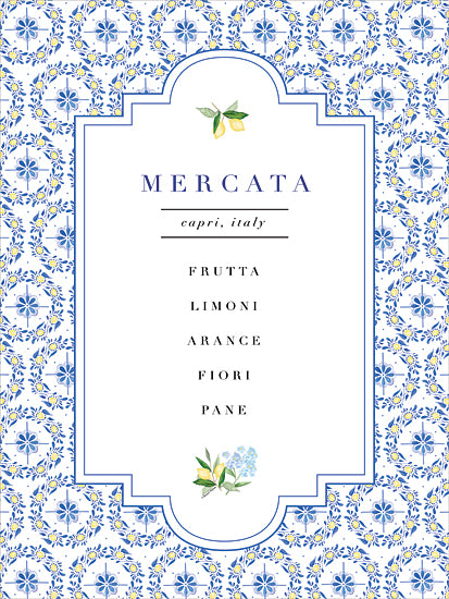 Rachel Nieman RN676 - RN676 - Mercata - 12x16 italian market sign, lemons, oranges, flowers, fruit list, capri italy, blue and yellow tile pattern, decorative border from Penny Lane
