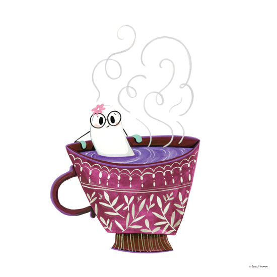 Rachel Nieman RN685 - RN685 - Ghost Soaking in a Mug - 12x12 ghost drinking hot beverage autumn cozy scarf hat cute character illustration from Penny Lane