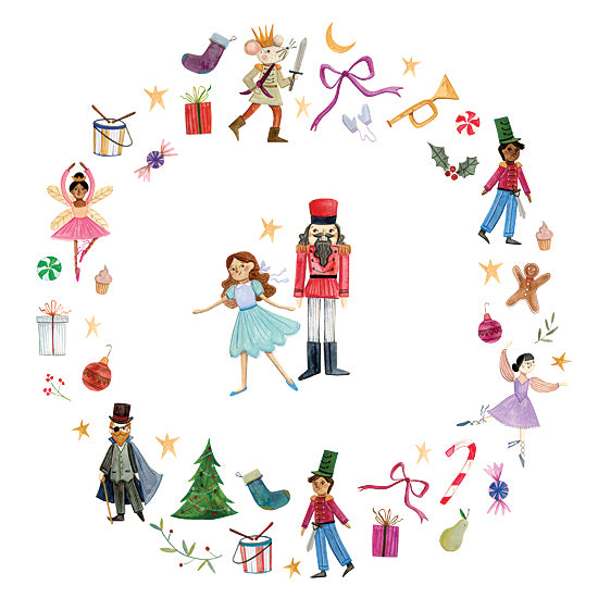 Rachel Nieman RN693 - RN693 - Christmas Nutcracker Wreath - 12x12 nutcracker ballet circle, christmas icons, clara and nutcracker, wrapped presents, candy cane, holiday treats, whimsical design from Penny Lane