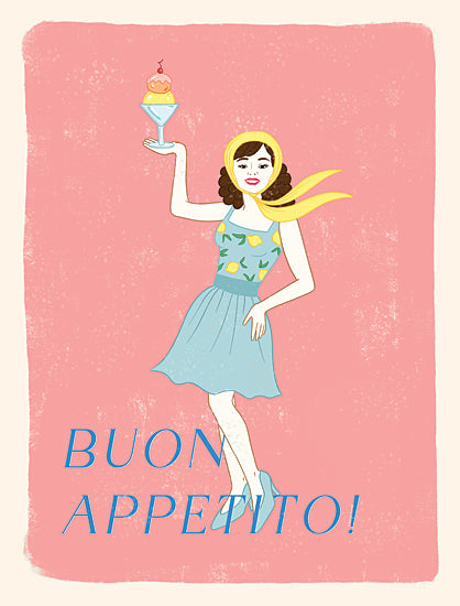 Rachel Nieman RN695 - RN695 - Buon Appetito Italian Poster - 12x16 woman, dessert, ice cream, cocktail glass, pink background, lemon dress, buon appetito, vintage from Penny Lane