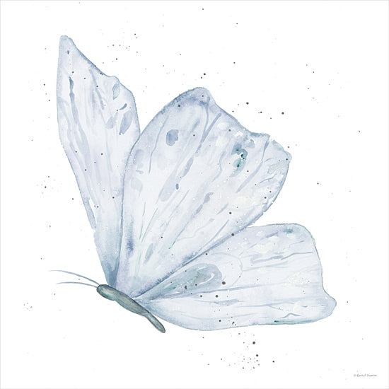 Rachel Nieman RN701 - RN701 - Blue Flutter 3 - 12x12 blue butterfly, angled view, naturalistic watercolor, airy and delicate insect, wing details, subtle background splatter, soft artistic style from Penny Lane
