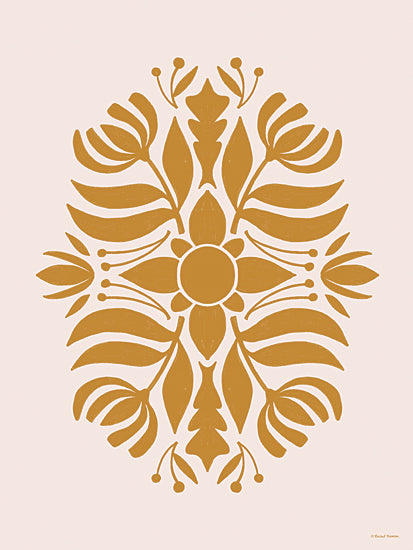 Rachel Nieman RN702 - RN702 - Boho Flowers 1 - 12x16 folk floral pattern, mustard yellow, symmetrical botanical motif, Scandinavian design influence, hand-drawn style, traditional pattern, decorative print from Penny Lane
