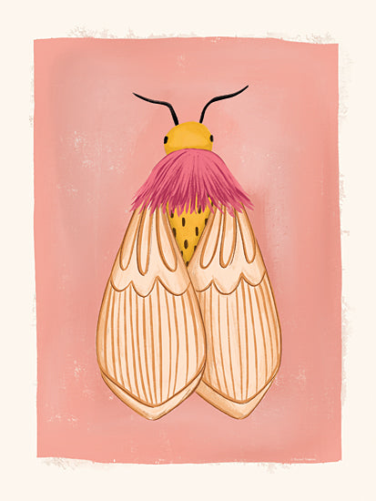 Rachel Nieman RN704 - RN704 - Boho Moth - 12x16 rosy maple moth, pink and yellow moth, whimsical insect illustration, watercolor texture, bright and playful, entomology art, pink background from Penny Lane