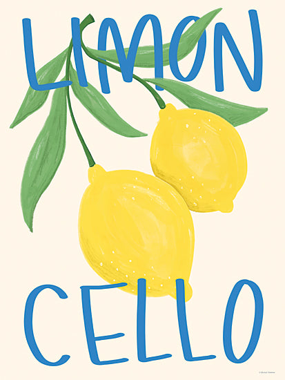 Rachel Nieman RN706 - RN706 - Limoncello - 12x16 limoncello typography, lemons and green leaves, bold blue font, summer drink theme, cheerful illustration, fruit-themed kitchen art, hand-drawn from Penny Lane