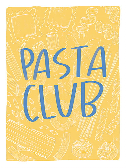 Rachel Nieman RN708 - RN708 - Pasta Club - 12x16 pasta, club, typography, food illustration, yellow background, blue text, pasta shapes, penne, fusilli, ravioli, macaroni, graphic design, modern style from Penny Lane