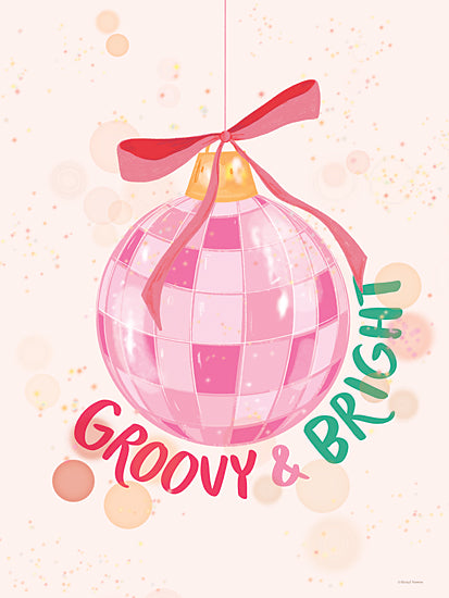 Rachel Nieman RN709 - RN709 - Groovy & Bright - 12x16 groovy, bright, disco ball, pink ornament, Christmas decoration, festive, retro style, glowing background, holiday theme, ribbon, hanging ornament from Penny Lane