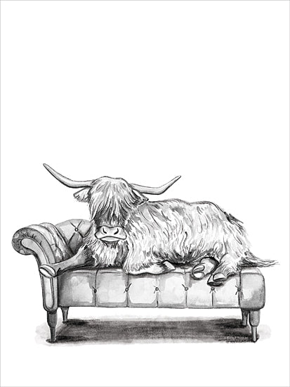Rachel Nieman RN716 - RN716 - Chaise Lounge Highland - 12x16 highland cow on couch, black and white drawing, animal on furniture, whimsical, farm animal, vintage style, hand-drawn, rustic decor from Penny Lane
