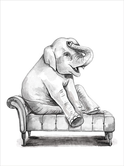 Rachel Nieman RN718 - RN718 - Chaise Lounge Elephant - 12x16 elephant, couch, anthropomorphic animal, humorous animal art, whimsical illustration, interior, sitting elephant, gray scale animal drawing, surreal, quirky from Penny Lane