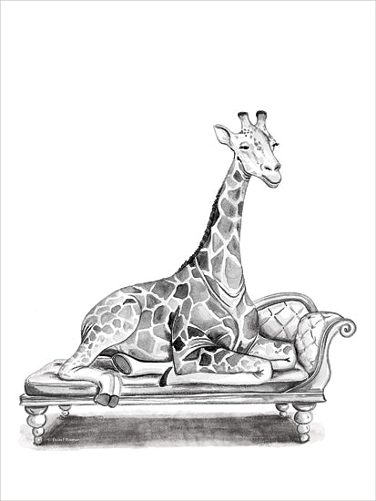 Rachel Nieman RN719 - RN719 - Chaise Lounge Giraffe - 12x16 giraffe, chaise lounge, funny animal art, long neck, graceful animal, surreal pose, monochrome drawing, whimsical decor, stylized animal from Penny Lane