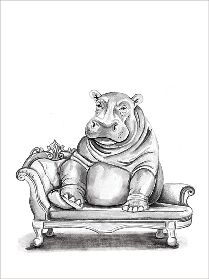 Rachel Nieman RN720 - RN720 - Chaise Lounge Hippo - 12x16 hippopotamus, ornate couch, whimsical hippo art, moody animal, cartoon style, anthropomorphic, comical hippo, interior decor from Penny Lane