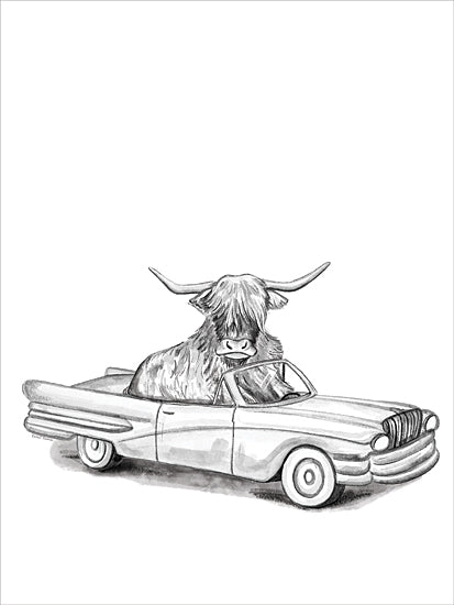 Rachel Nieman RN727 - RN727 - Highland Cow in a Car - 12x16 highland cow, vintage car, surreal animal in vehicle, humorous farm animal, whimsical driving scene, shaggy cow art from Penny Lane