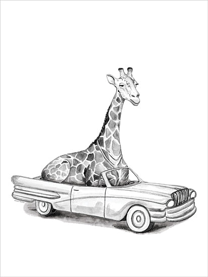 Rachel Nieman RN728 - RN728 - Giraffe in a Car - 12x16 giraffe in car, surreal vehicle scene, long neck animal art, whimsical travel, black and white giraffe, cartoon animal from Penny Lane