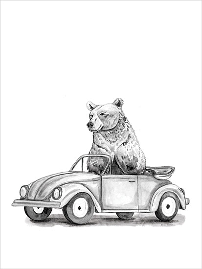 Rachel Nieman RN729 - RN729 - Bear in a Car - 12x16 bear in beetle car, cartoon bear, driving animal illustration, humorous bear, vehicle with animal, surreal drawing from Penny Lane