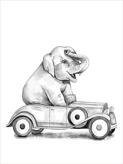 Rachel Nieman RN730 - RN730 - Elephant in a Car - 12x16 elephant driving classic car, humorous animal art, vintage auto, black and white elephant, whimsical travel, surreal illustration from Penny Lane