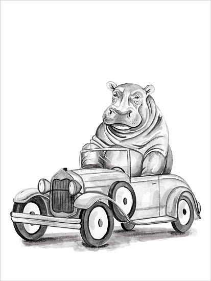 Rachel Nieman RN731 - RN731 - Hippo in a Car - 12x16 hippopotamus in classic car, surreal vehicle art, humorous hippo, black and white drawing, vintage transportation, whimsical animal from Penny Lane