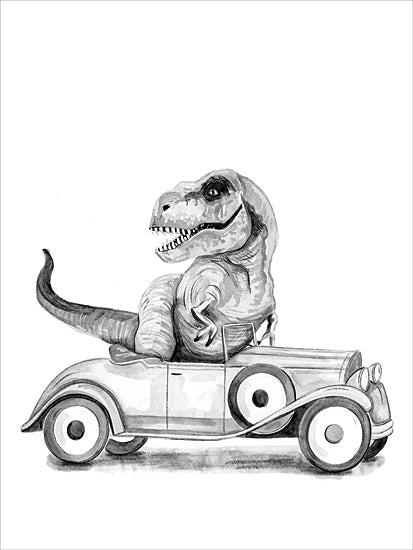 Rachel Nieman RN732 - RN732 - T-Rex in a Car - 12x16 T-Rex, dinosaur, vintage car, humorous illustration, anthropomorphic, prehistoric, black and white art, whimsical scene from Penny Lane