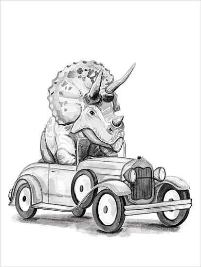 Rachel Nieman RN733 - RN733 - Triceratops in a Car - 12x16 Triceratops, dinosaur, old-fashioned car, comedic artwork, fantasy setting, monochrome drawing, prehistoric creature from Penny Lane