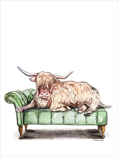Rachel Nieman RN734 - RN734 - Chaise Lounge Highland    - 12x16 highland cow, green chaise lounge, animal on furniture, humorous illustration, whimsical design, relaxed cow art, watercolor, quirky animal print from Penny Lane