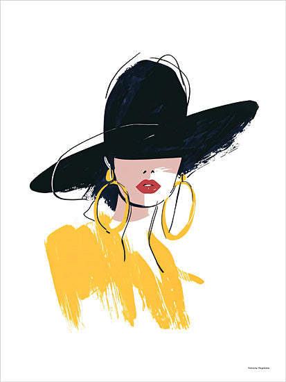 Svetlana Aleinikova SA110 - SA110 - Enigmatic Grace - 12x16 fashion illustration, wide-brim hat, elegant woman, gold hoop earrings, red lips, abstract brush strokes, bold black hat, yellow attire, chic style, glamour art from Penny Lane