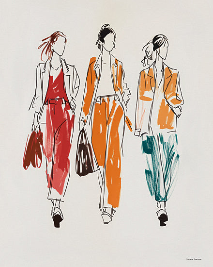 Svetlana Aleinikova SA112 - SA112 - Between the Streets - 12x16 fashion runway, stylish women, suits, business attire, walking in sync, red and orange tones, green pants, minimalist sketch, confident posture from Penny Lane