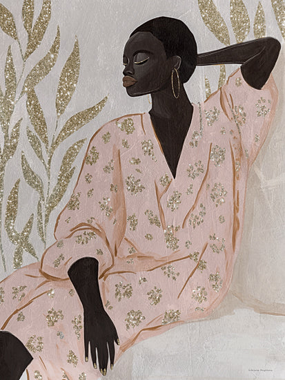 Svetlana Aleinikova SA116 - SA116 - Pink Grace - 12x16 fashion portrait, dark skin woman, pink robe, glitter leaves, textured painting, elegance, gold eyeshadow, floral pattern from Penny Lane
