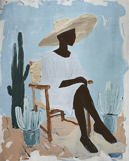 Svetlana Aleinikova SA117 - SA117 - Girl on Vacation - 12x16 woman in hat, desert scene, cactus, soft blue, seated figure, contemplative mood, pastel tones, modern composition from Penny Lane