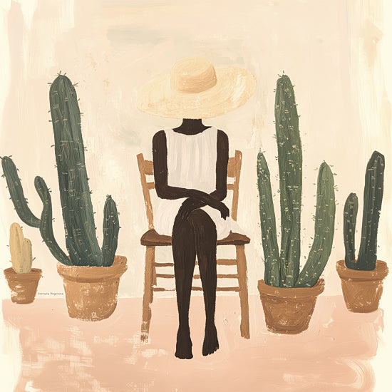 Svetlana Aleinikova SA118 - SA118 - Girl and the Cacti - 12x12 woman with cacti, pink and green contrast, seated portrait, peaceful moment, soft style, terracotta pots, stylized figure from Penny Lane