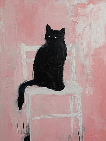 Svetlana Aleinikova SA139 - SA139 - Black Cat Pose - 12x16 black cat, white chair, pink background, minimal art, contrast painting, mysterious feline from Penny Lane