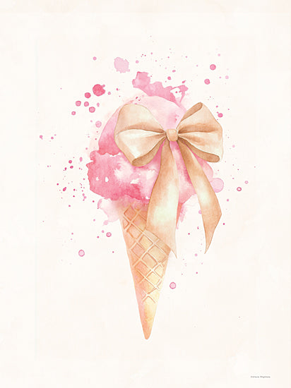 Svetlana Aleinikova SA196 - SA196 - Icy Charm - 12x16 watercolor ice cream, pink scoop, waffle cone, beige ribbon, splash background, pastel tones, sweet treat illustration, girly dessert art, decorative food print from Penny Lane