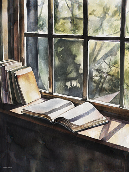 Svetlana Aleinikova SA200 - SA200 - Chapter in the Sun     - 12x16 books by window watercolor, reading nook illustration, cozy rainy day library scene from Penny Lane